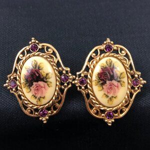 Vintage Hand Painted Rose Cameo Clip On Earring Set Porcelain Purple Crystals
